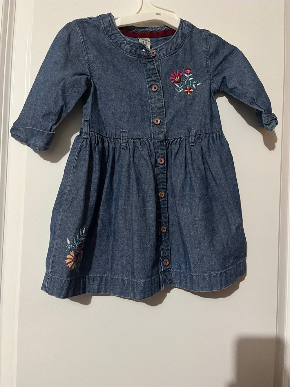 Carter's Denim Blue Button-Front Dress with Floral Embroidery